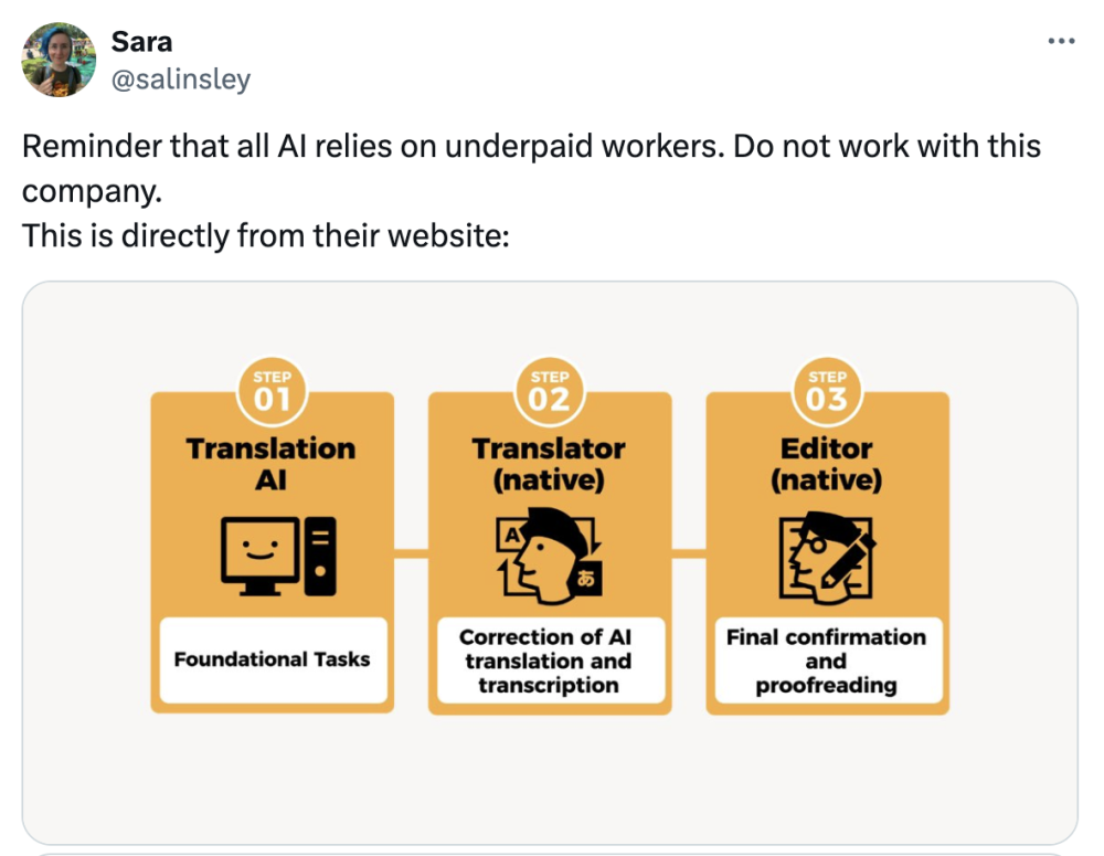 Reminder that all AI relies on underpaid workers. Do not work with this company. This is directly from their website: